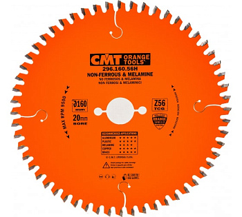 Диск пильный по цветным металлам и пластикам 160x20x2,2/1,6 -6° TCG Z=56 CMT 296.160.56H