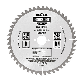 Диск пильный 216X30X2,4/1,6 15° ATB -5° Z=48 (min. 10 шт) CMT K21648M-X10