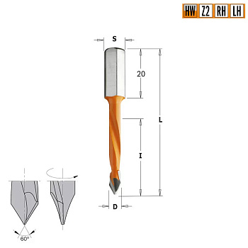 Сверло HW для присадочного станка 5x43x70 Z=2 S=8x20 RH CMT 368.050.11