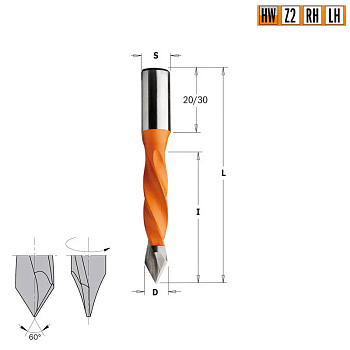 Сверло HW для присадочного станка 7x40x70 Z=2 S=10x20 RH CMT 375.070.11